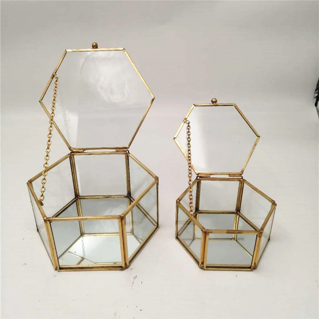 

Glass Jewelry Storage Box Copper Edge Transparent Hexagonal Wedding Ring Necklace Jewellery Display Case Container