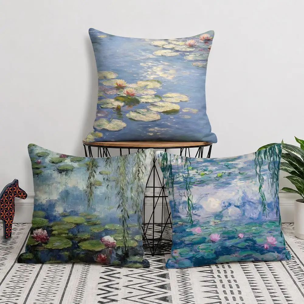 Water Lilies Claude M-Monet Fine Art Cushion Cover Double-Sided Plush Sofa Cushion Covers Organic Breathable Invisible Zipper