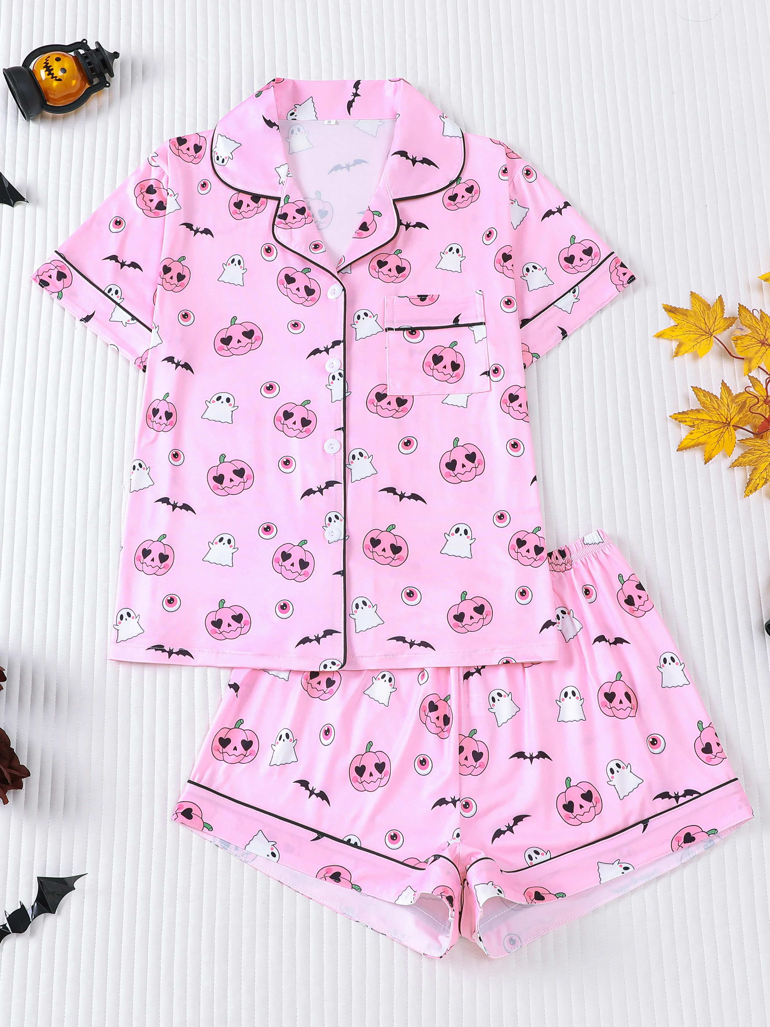 

2-piece cartoon quirky ghost cool pumpkin Halloween party quirky print women's sleepwear party set short sleeved lapel cardigan