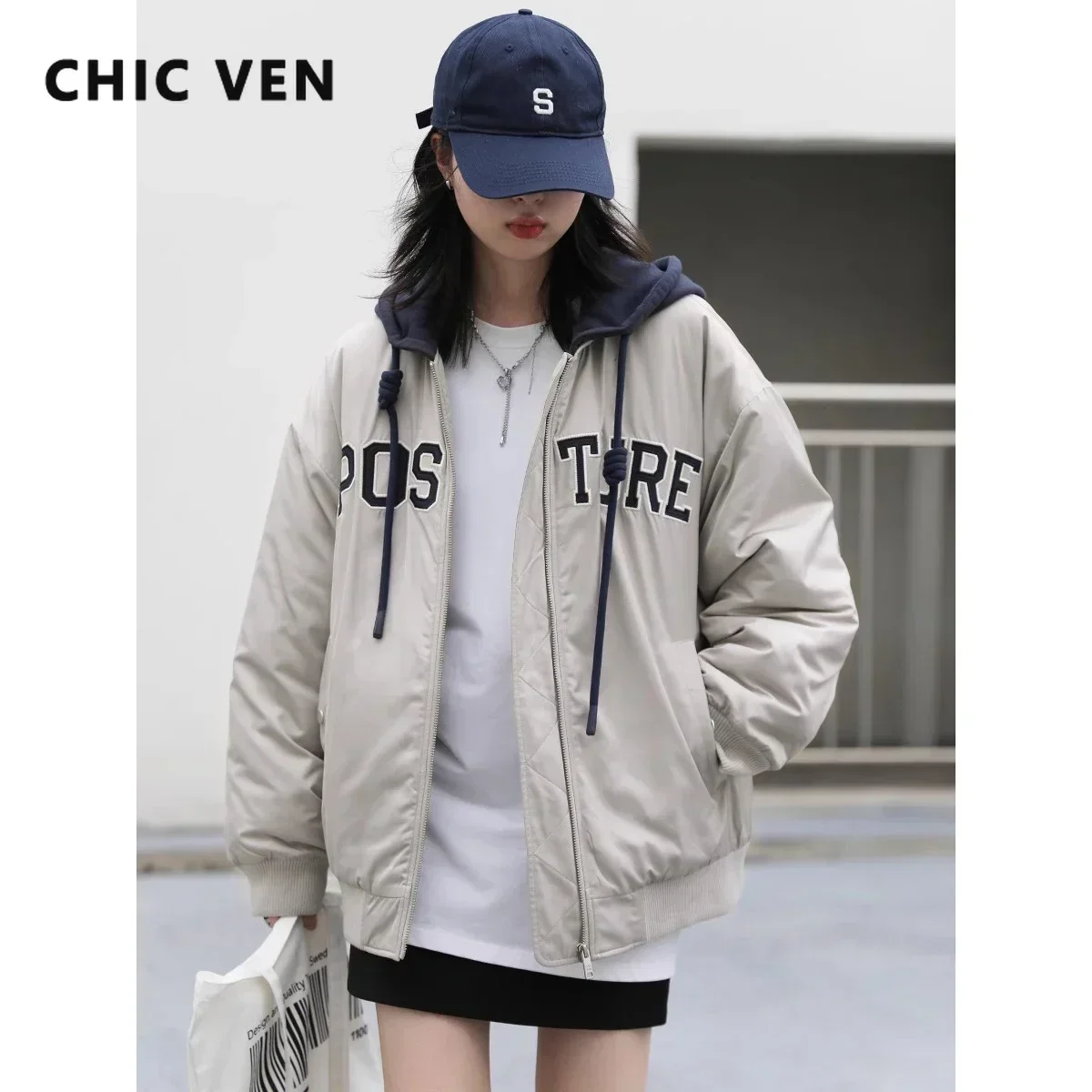 CHIC VEN Women Jackets Loose Casual Thick New BF Style Hooded Embroidered Cotton Baseball Girl Padded Coat Autumn Winter 2023