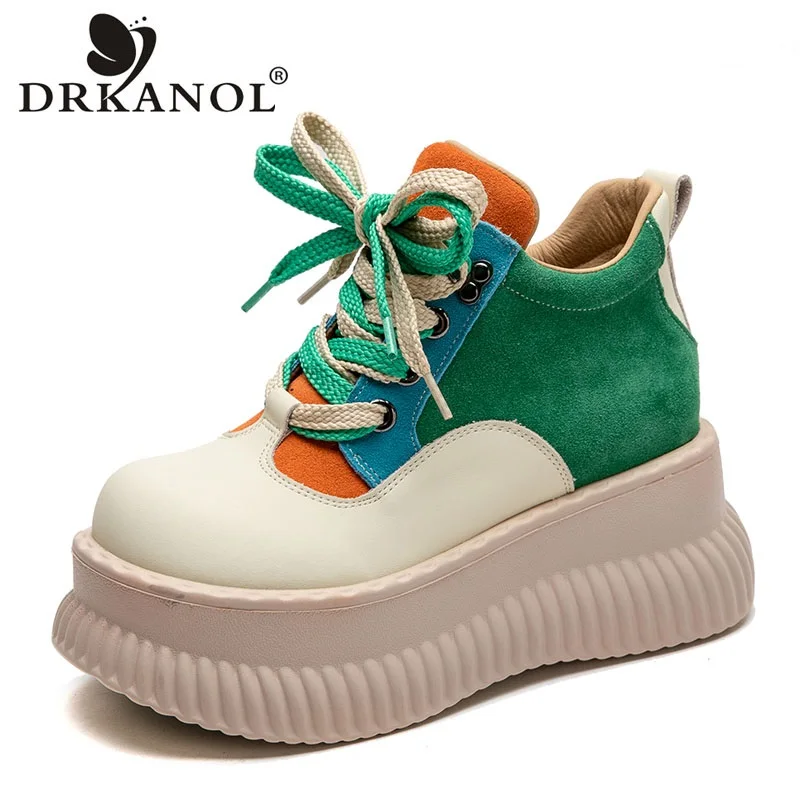 

DRKANOL Women Wedges Heel Shoes Spring High Top Mixed Colors Genuine Leather Cow Suede Chunky Platform Lace-Up Casual Shoes Lady