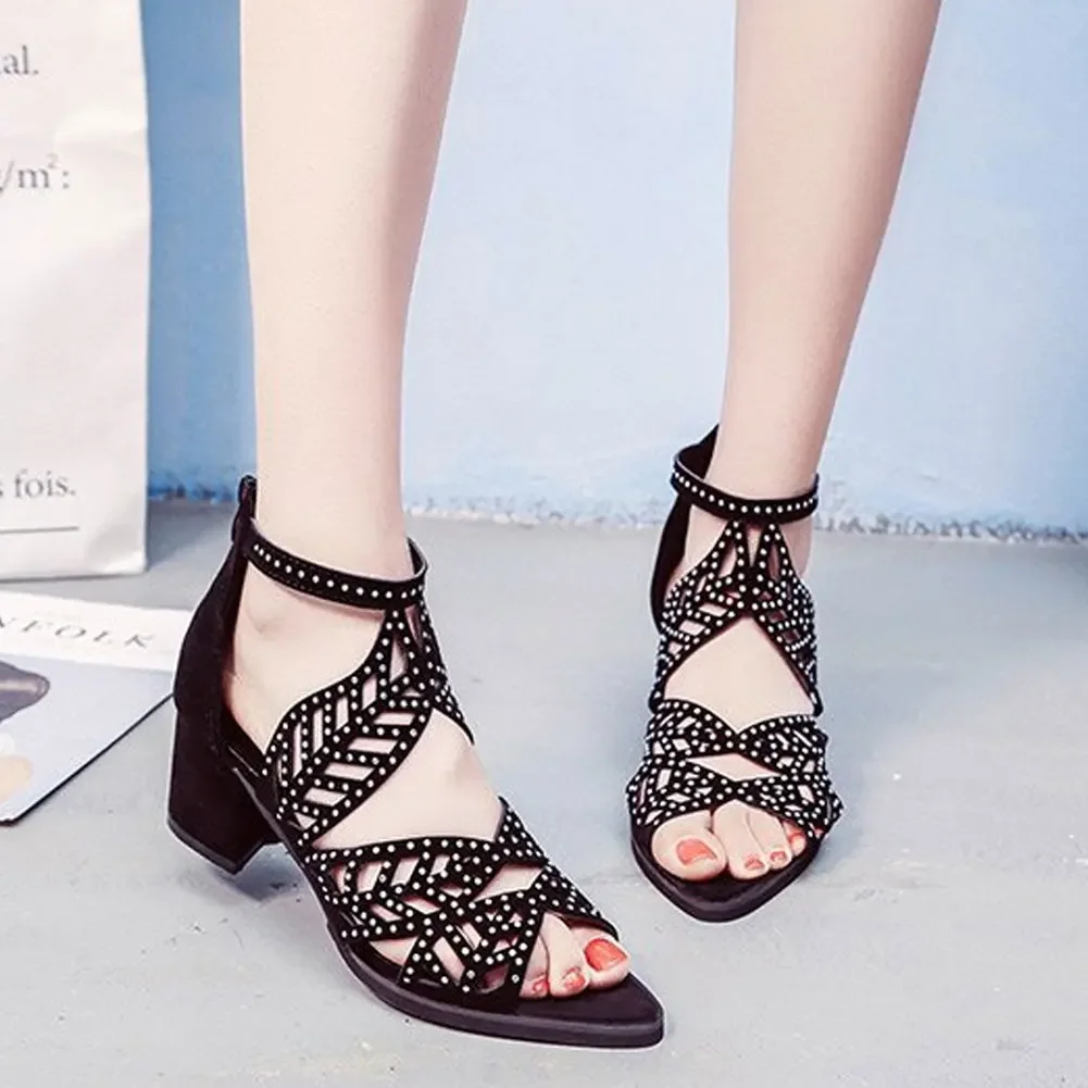 New Style Women Summer Hollow Out Faux Leather Rhinestones Thick Heel Zipper Sandals Shoes