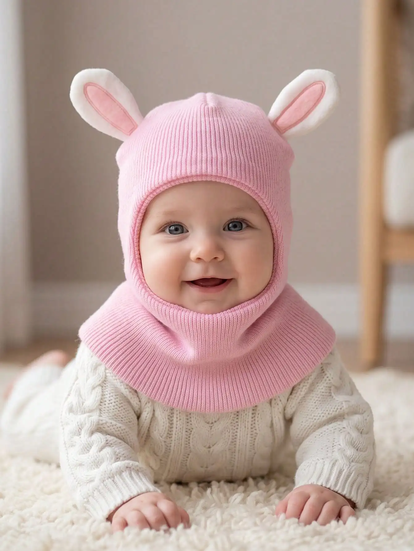 1 Stück 6M-4Y Kleine Mädchen 3D-Kaninchen-Balaclava-Strickmütze, Niedliche Kaninchenohren Weiche Leichte Kinderkopfbedeckung für den Alltag – Detail 5