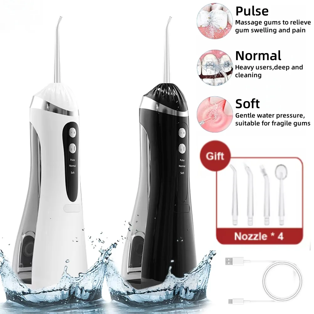 IPX7 Waterproof Rechargeable Dental Cleaner 4 Nozzles High Pressure Pulse Oral Flosser 3 Cleaning Modes Electric Oral Irrigator