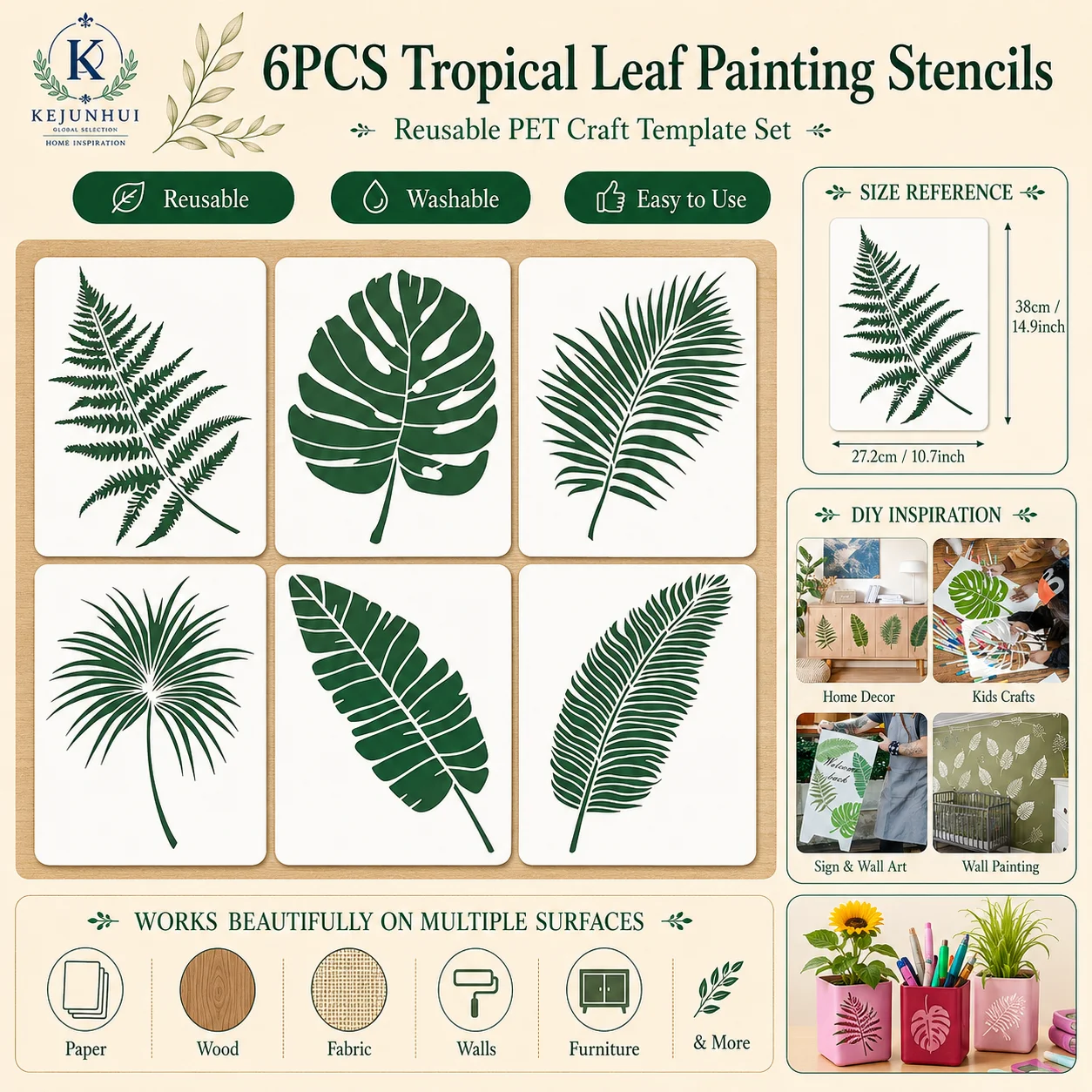Conjunto de 6 Estênceis Grandes de Folhas, Estênceis de Folhas de Palmeira para Parede, Estênceis de Folhas Tropicais, Moldes Plásticos para Desenho em Parede, Móveis, Tecido e DIY