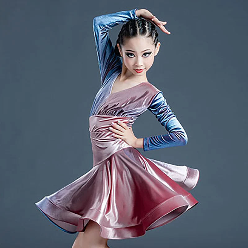 

Kids Girls Latin Dancewear Children Gradient Long Sleeve Professional Velvet Training Jumpsuit and Skirts Practice Costumes