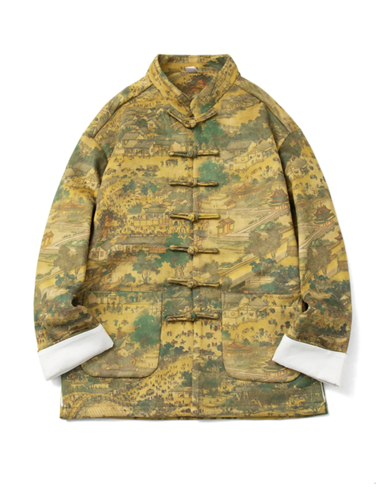 

Loose Fit Men's Wind Deer Skin Velvet Jaet Qing Ming River Scene Print Traditional Chinese Sle Long Sve Coat with Buttons