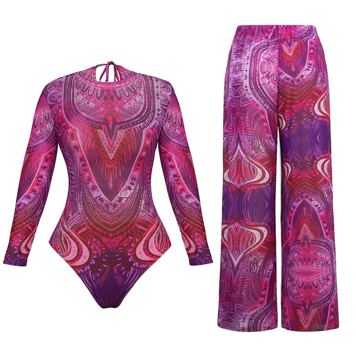 2026 New UPF50 Sheer Rash Guard Long Sleeve One-Piece Swimsuit With Pants Women Sun Protection Swimwear Bodysuit Beachwear