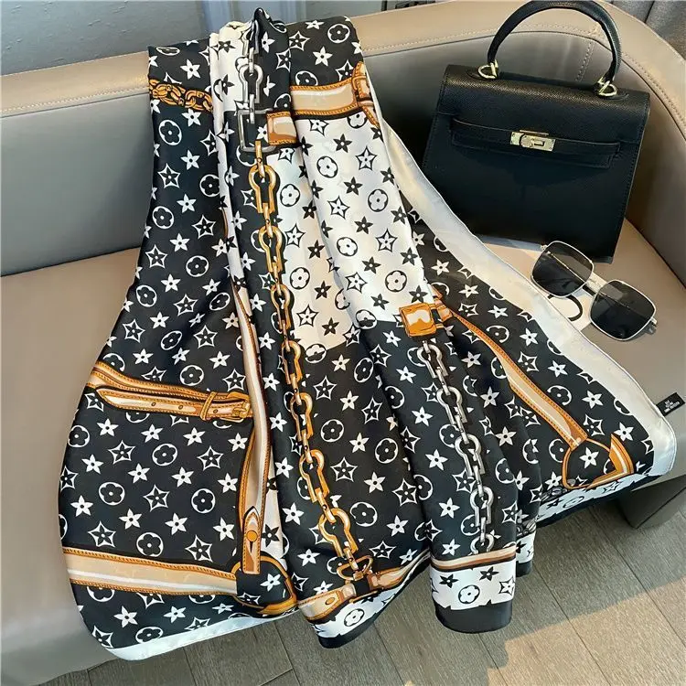 

Новый домашний атласный пляжный длинный шарф Lijin 85*180 с принтом, модный женский аксессуар, шелковая шаль на плечо в корейском стиле