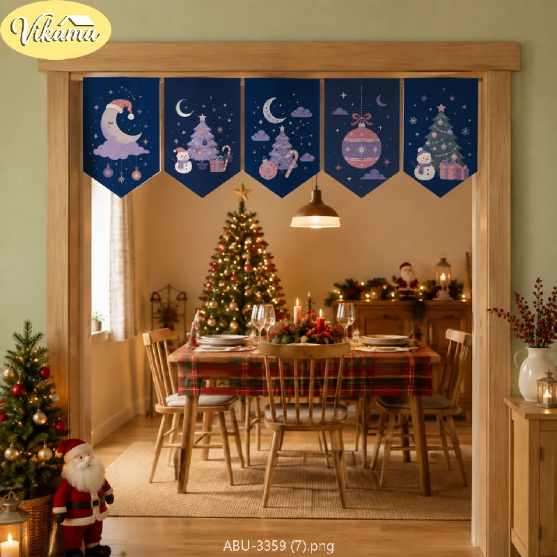 VIKAMA Christmas Triangle Banners, Cartoon Moon Christmas Tree Ornaments, Winter Holiday Triangle Banner Curtains, Home Decor