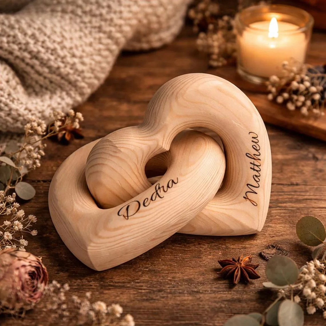 Personalized Wooden Heart Sculpture Interlocking Infinity Love Couples Gift Custom Name Engraved Wedding Anniversary Present