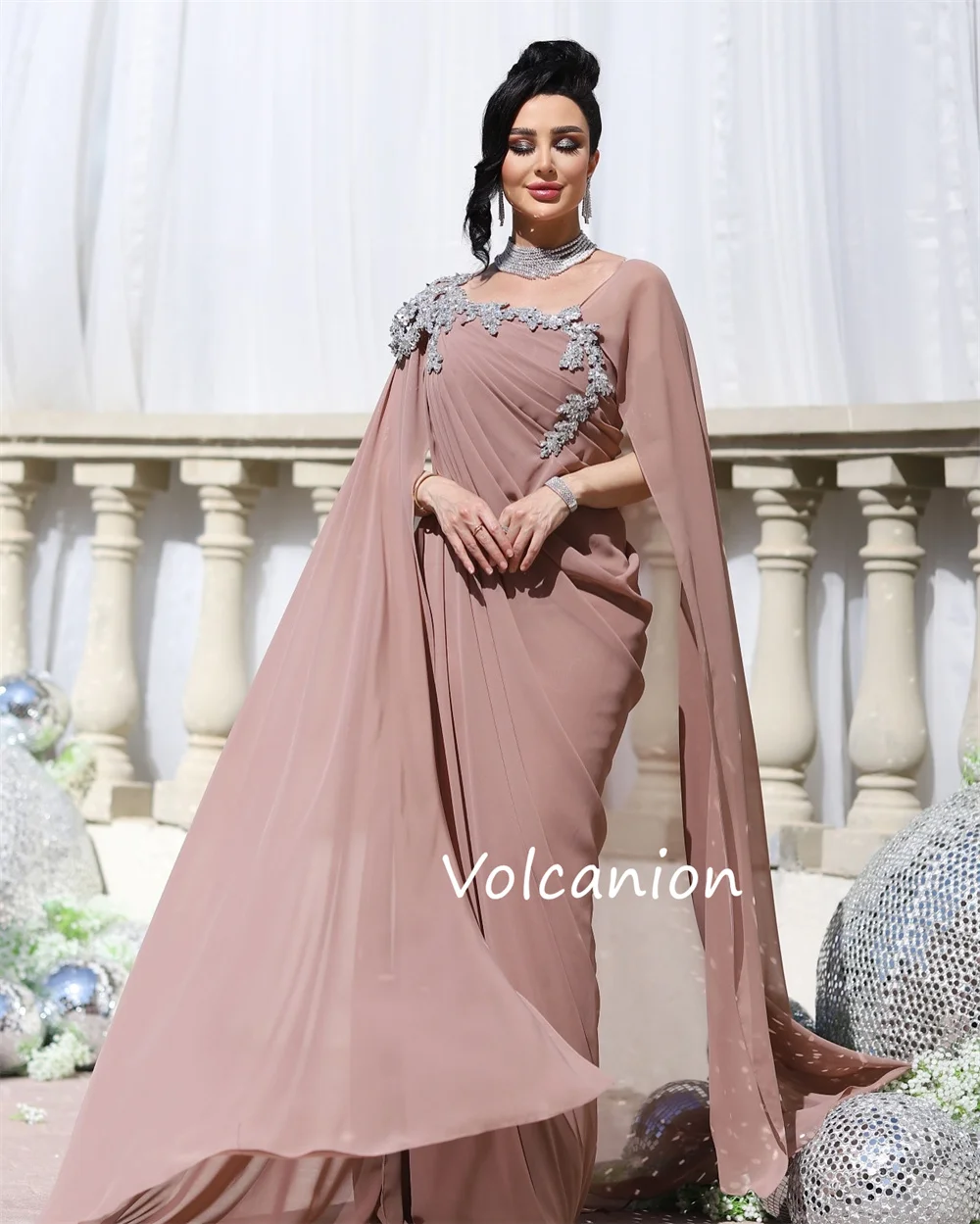 Customized Chiffon Pleat Sequined A-line Square Neck Long Dresses Bespoke Occasion Evening Formal Exquisite