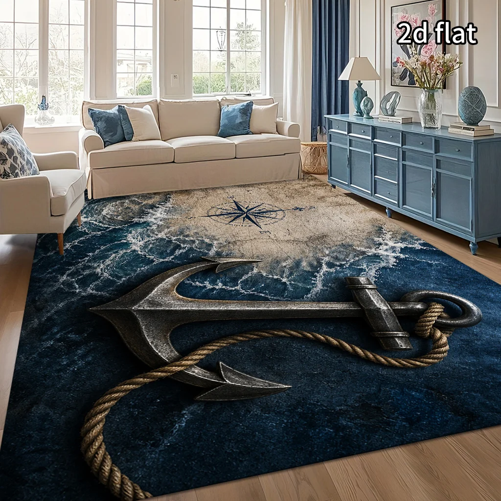 1pc Retro Nautical Anchor Pattern Area Rug, Blue‑Grey Maritime Style, Machine‑Washable & Soft, Classic Modern Design, Perfect