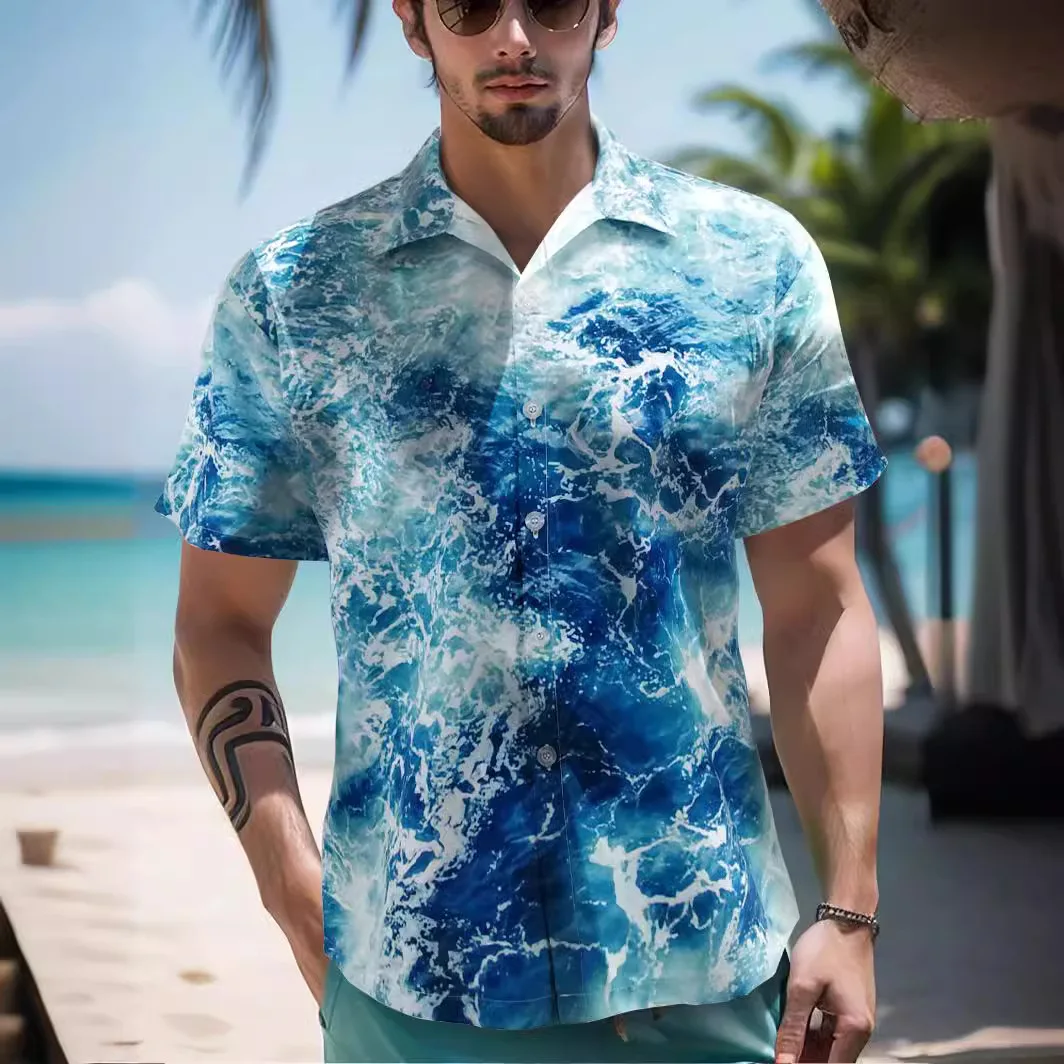 

2024 New Men's Floral Shirt Breathable Blue Ocean Pattern Short Sleeved Casual Men's Sportswear Popular EU size