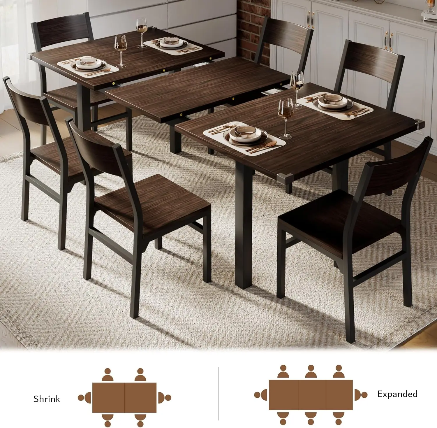 Juego de mesa y sillas de comedor para cocina, Set de mesa extensible con tablero de MDF, Espresso, 4-6, 63 pulgadas, 7 piezas