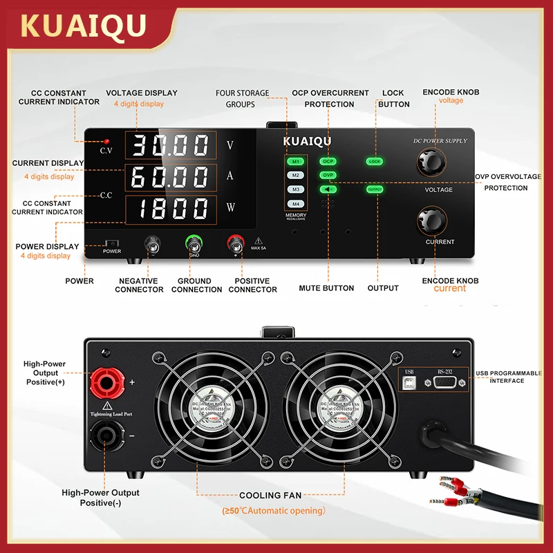 KUAIQU 300V 10A 3000W High-Voltage Power Supply 30V 100A 100V 30A Adjustable Stabilizer OCP OVP Memory Bench Source For Factory