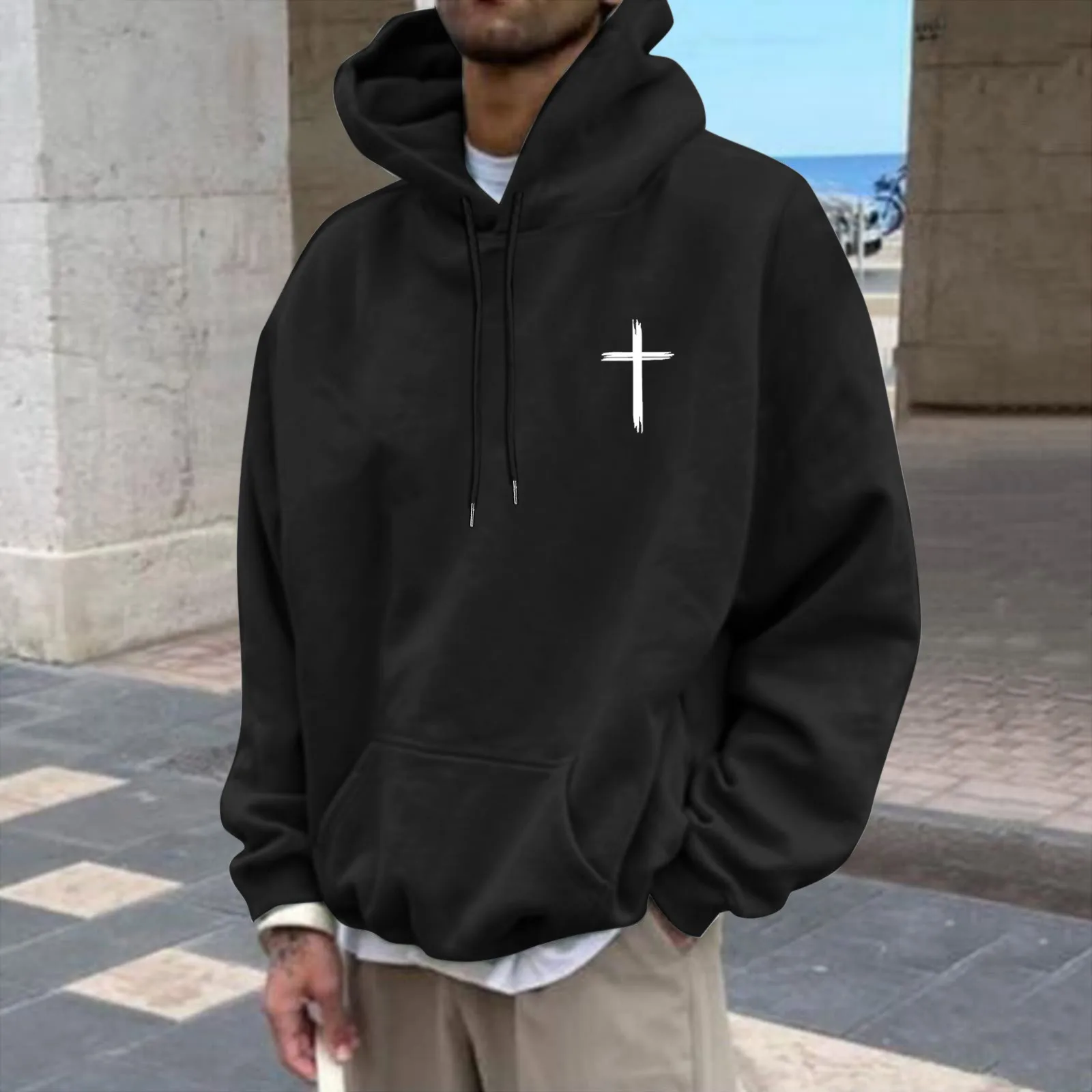 

Men Black Oversize Pullover Tops Autumn Fashion Christian Letter Print Long Sleeve Hooded Sweatshirt Plus Size y2k Casual Hoodie