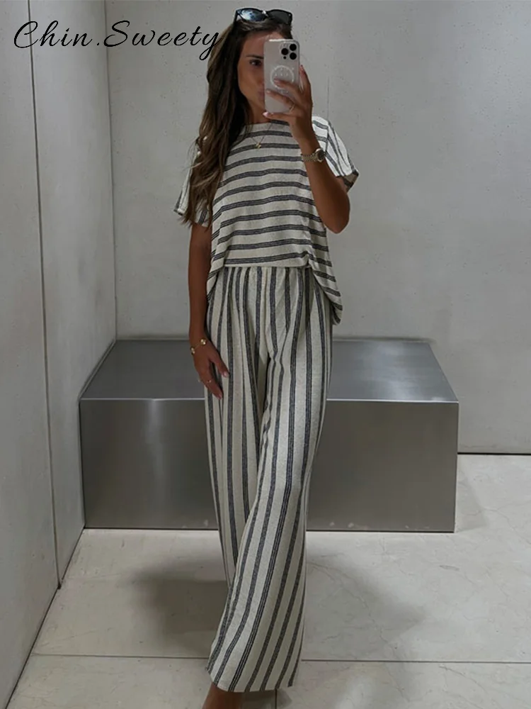 

Fashion Striped Trousers Sets Women Loose O-neck Half Sleeve Shirts Drawstring Wide Leg Pants 2025 Summer Lady High Street Suit