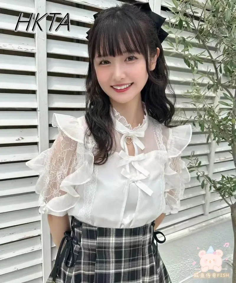 Japanese Rojita Blouse Mine Series Mass- Produced Bow Solid Color Top Sweet Lace Splicing Pendant Short-sleeve Shirt Lolita Girl