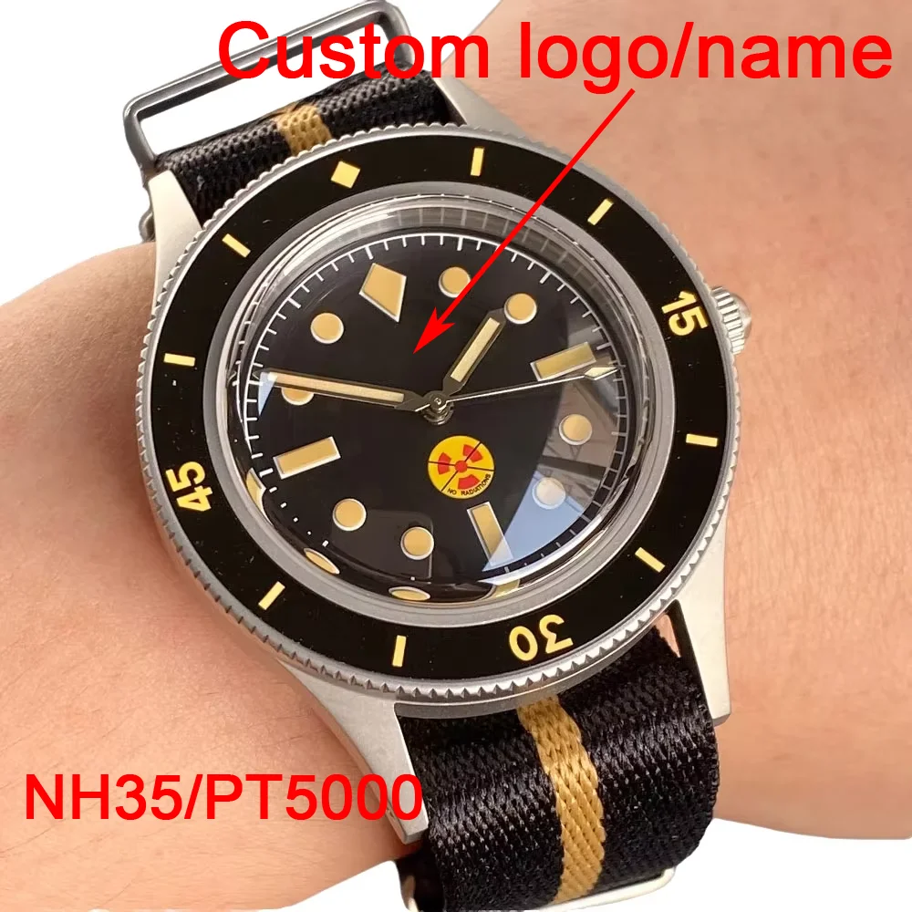 Customized 40mm NH35/PT5000 Automatic Retro Watch Clown Black Dial two-tone Nylon Strap 20BAR Diving Sandblasted Men Wristwatch