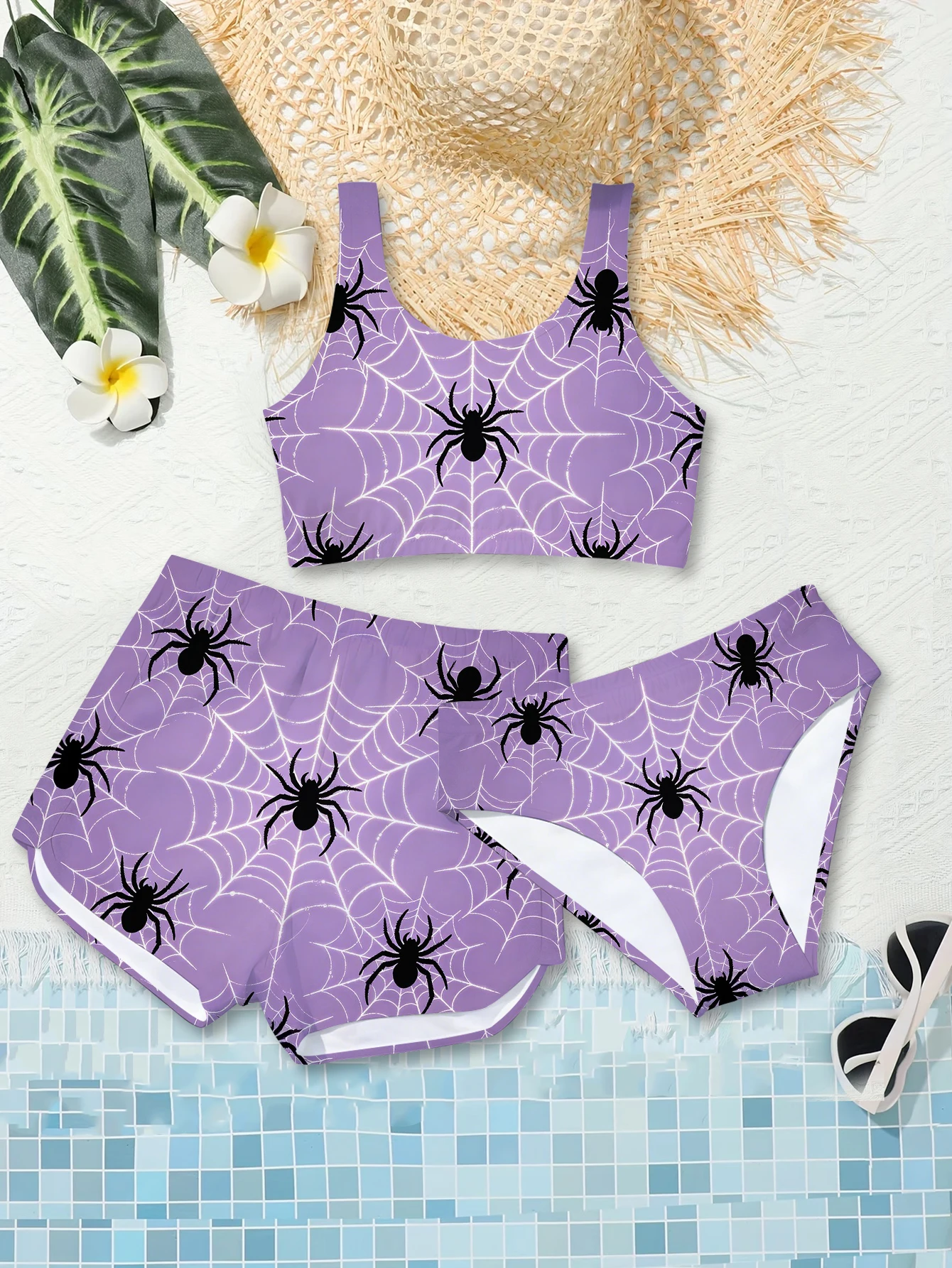 Girls' Summer Style Dazzling Spider Fashion 3-Piece Swimsuit