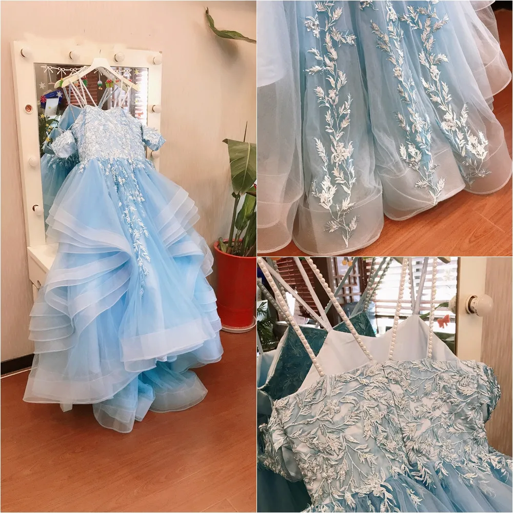 Requintado vestido floral fora do ombro para meninas, vestido de aplique longo, babados de renda, vestido princesa para concurso e casamento, festa de aniversário