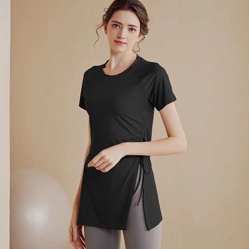 Women Workout Shirts Short Sleeve Tight Long Shirts Side Drawstring Split Sports Top Female Breathable Fitness Yoga Wear