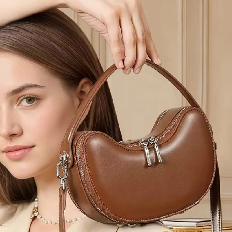 

New Luxury Designer Top Handle Shoulder Ladies Handbags Smooth Genuine Leather Crescent Small Crossbody Bags For Women