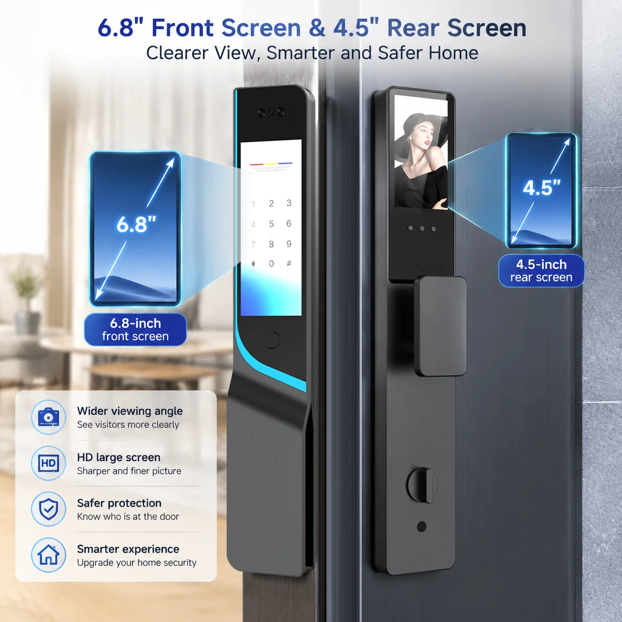 Tuya Wifi Dual Screen Visual Smart Door Lock With 6.8 Inch Front HD Screen 4.5 Inch IPS Indoor Display And Face Recognition