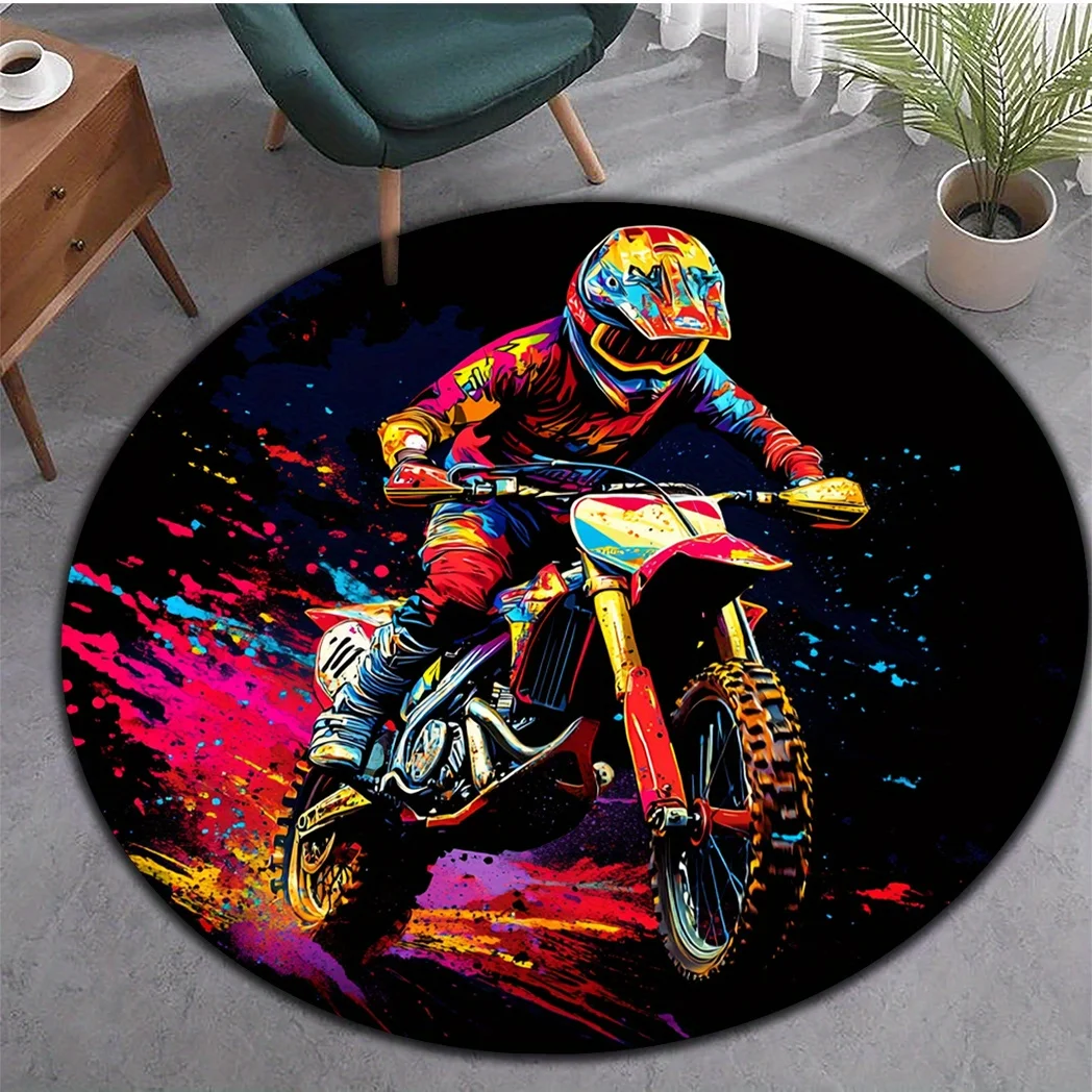 

1pc Colorful Motorcycle Rider Pattern Round Rug, Non-slip Floor Mat for Living Room, Bedroom, Bathroom, Holiday Home Decoration