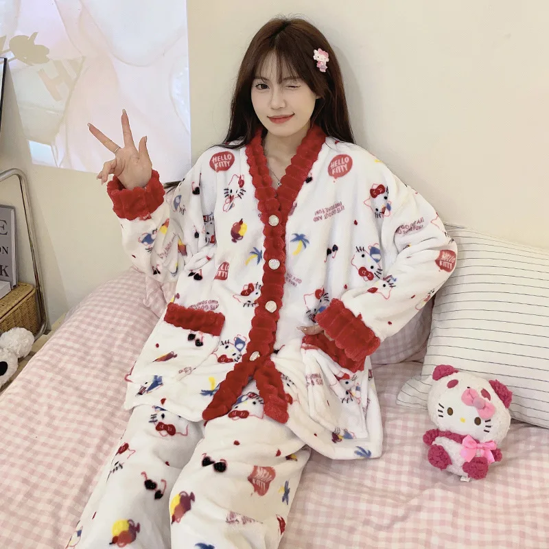 Novo sanrio hello kitty anime pijamas femininos outono e inverno engrossado calças de manga comprida terno kawaii solto confortável homewear