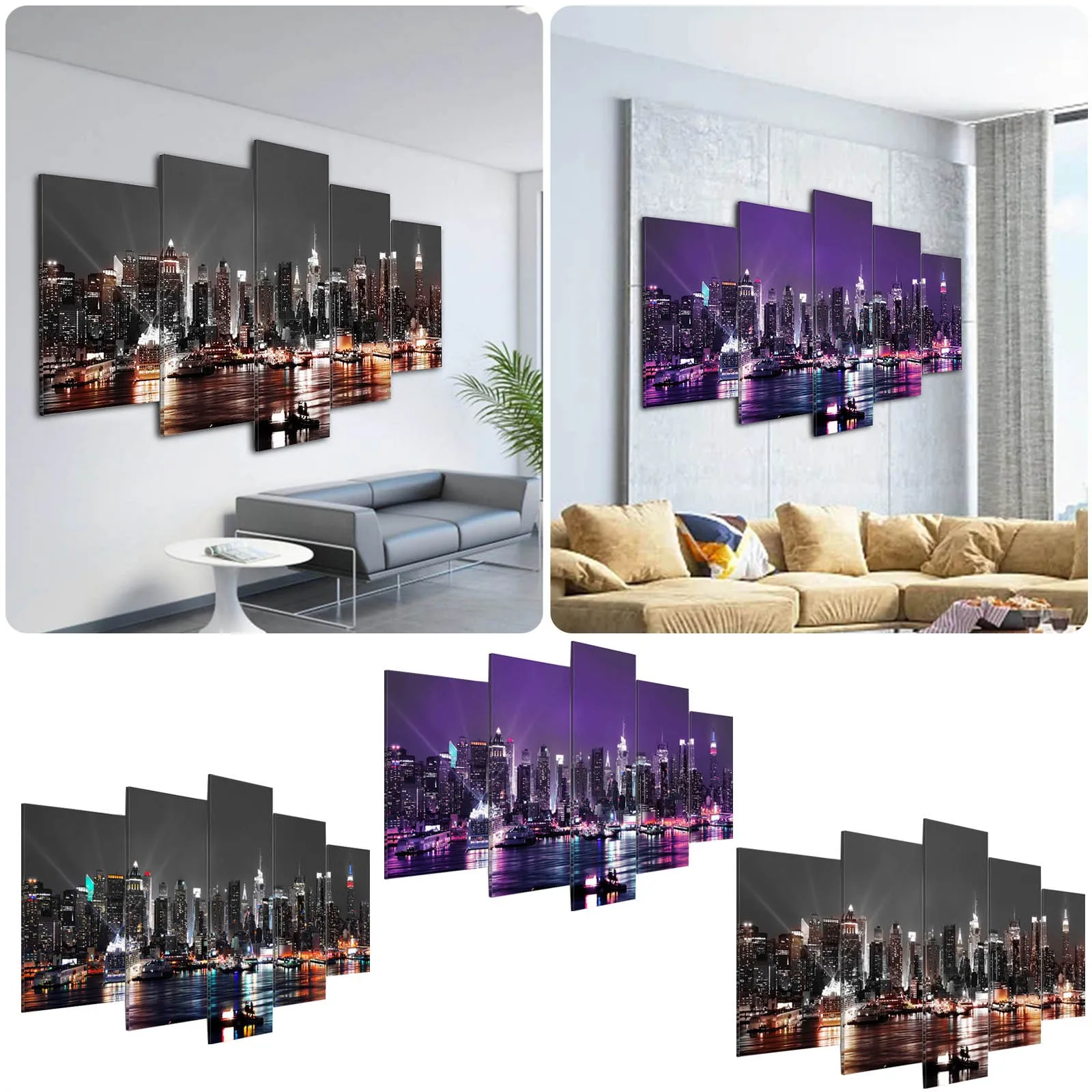 Modern Minimalist Five Tone Three Color Night View City Spray Painting Creative Sofa Background Wall Decoration Painting Hanging