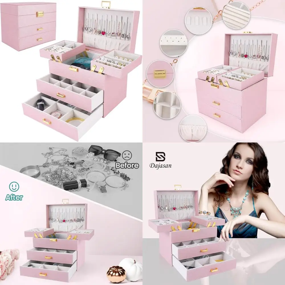 

Large 4-Layer Pink Jewelry Box with 2 Drawers, Ideal Storage Organizer for Women & Girls, Perfect Gift for Friends, Wife, or Mom