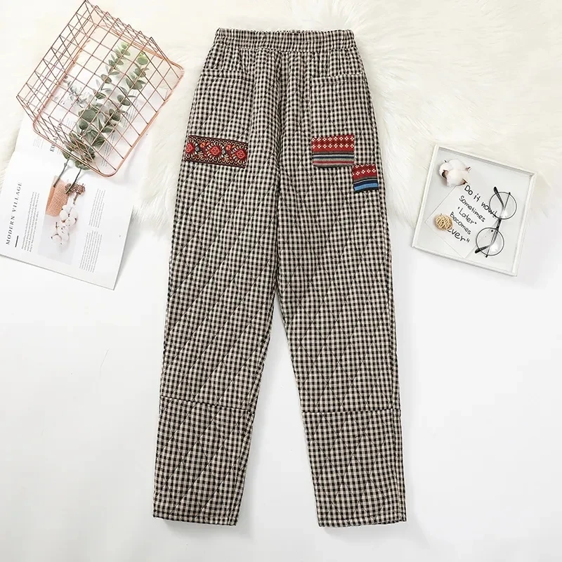 Loose Elastic High Waist Warm Cotton Pantalones Mother\'s Casual Quilted Thicken Pants Vintage Patchwork Plaid Winter Pants Women