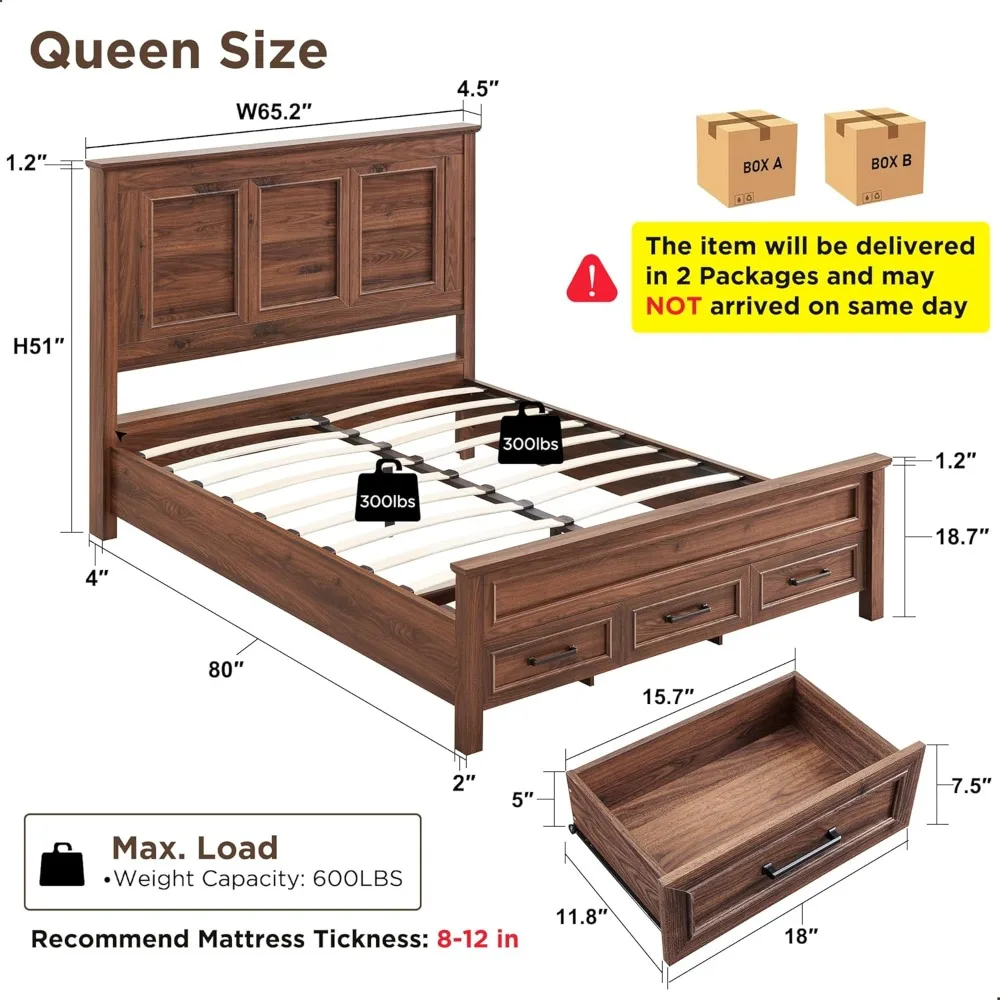 Farmhouse style queen size bed frame with 52” high full panel headboard with footboard and storage drawers