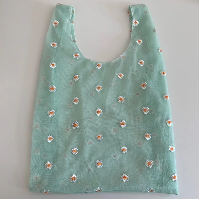 Маленькая сумка с вышивкой в виде ромашки, сумка большой емкости с вышивкой, сумка из органзы, милая сказочная сумка для покупок, продуктовая сумка