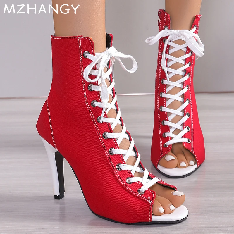 

Canvas Open Toe Sexy Women Ankle Boots High Heels Designer Lace Up Shoes 2025 Trend Spring Fashion Pumps Dress Botas De Mujer