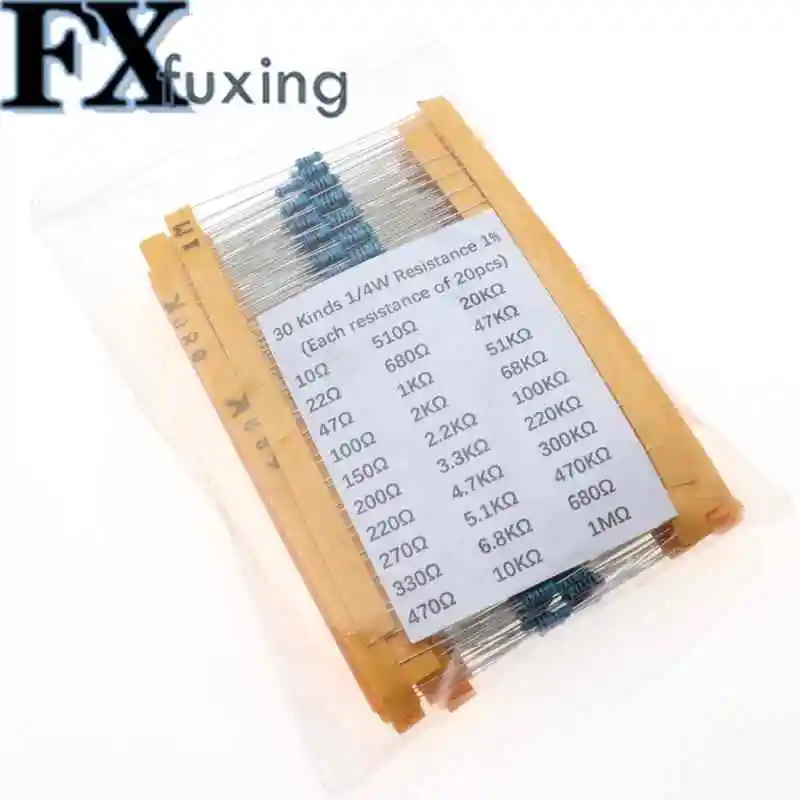 600PCS/Set 30 Kinds 1/4W Resistance 1% Metal Film Resistor Pack Assorted Kit 1K 10K 100K 47KΩ 220ohm 1M 10Ω Resistors 680K 470KΩ