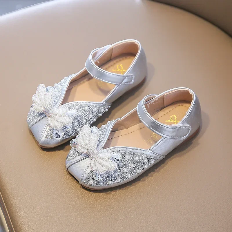 

Children's Leather Shoes Girls’ Princess Shoes for Party Kids Elegant Flats Wedding Soft Bottom Fashion Bling Rhinestone Pearl