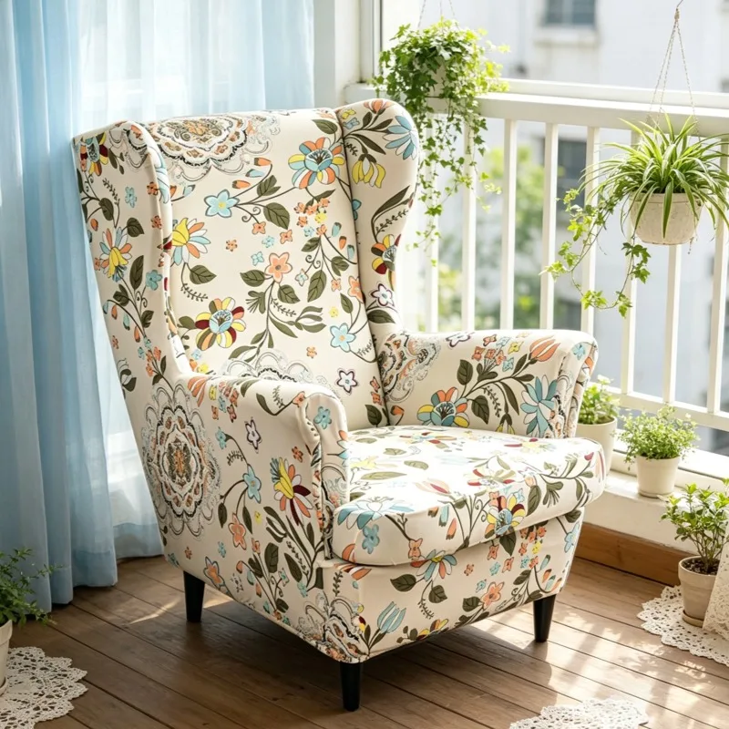 Stretch Wing Chair Cover Floral Prints Single Armchair Slipcovers Sloping Back Wingback Sofa Covers Removable with Cushion Cover