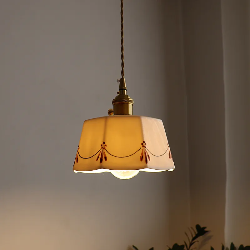 retro brass glazed printed ceramic chandelier simple bedroom bedside restaurant bar entrance bay window lamp