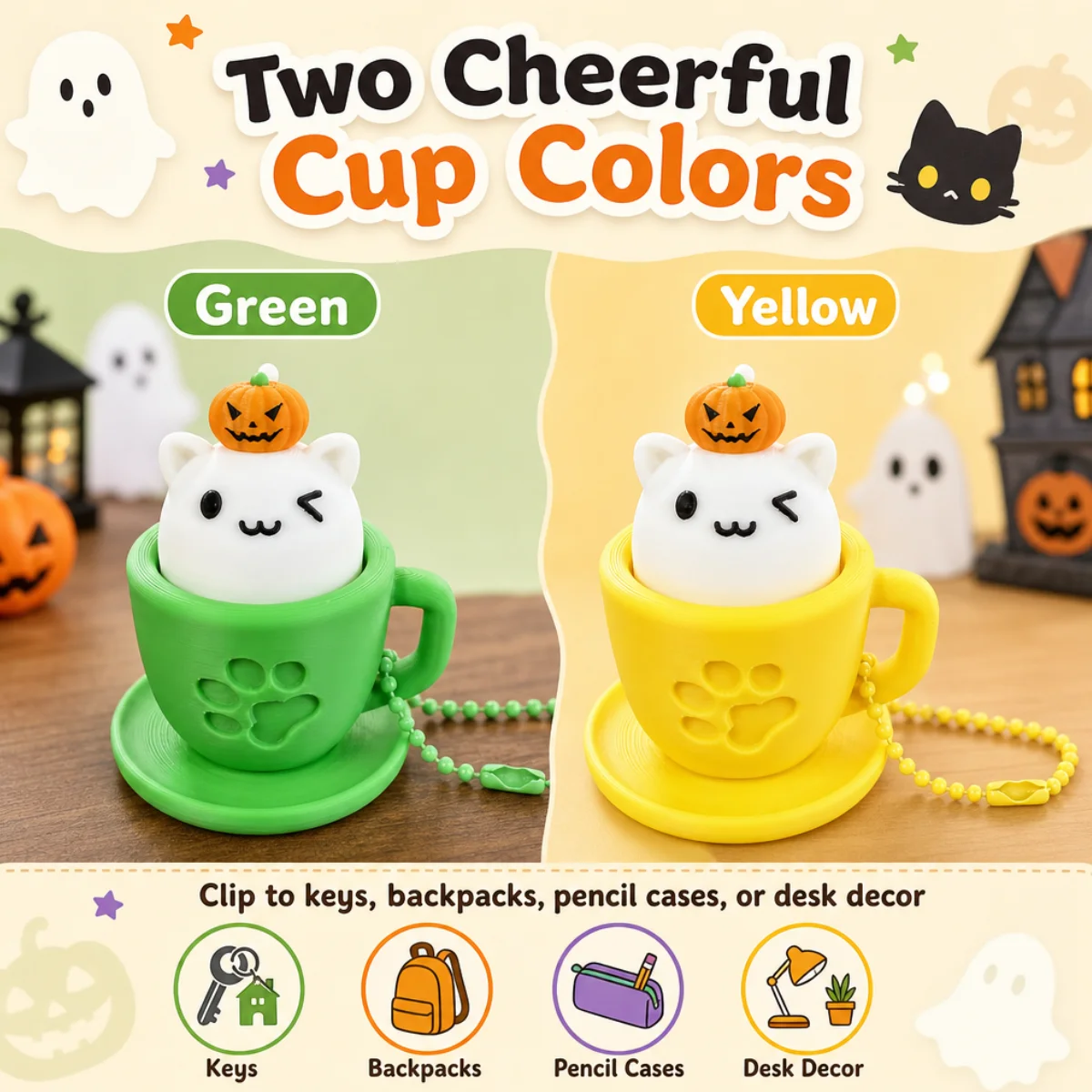 1 Pc Mini Teacup Kitty Click Fidget Toy,3D Printed PLA Material,Halloween Pumpkin Ornament,Lightweight Keyring Backpack Charm