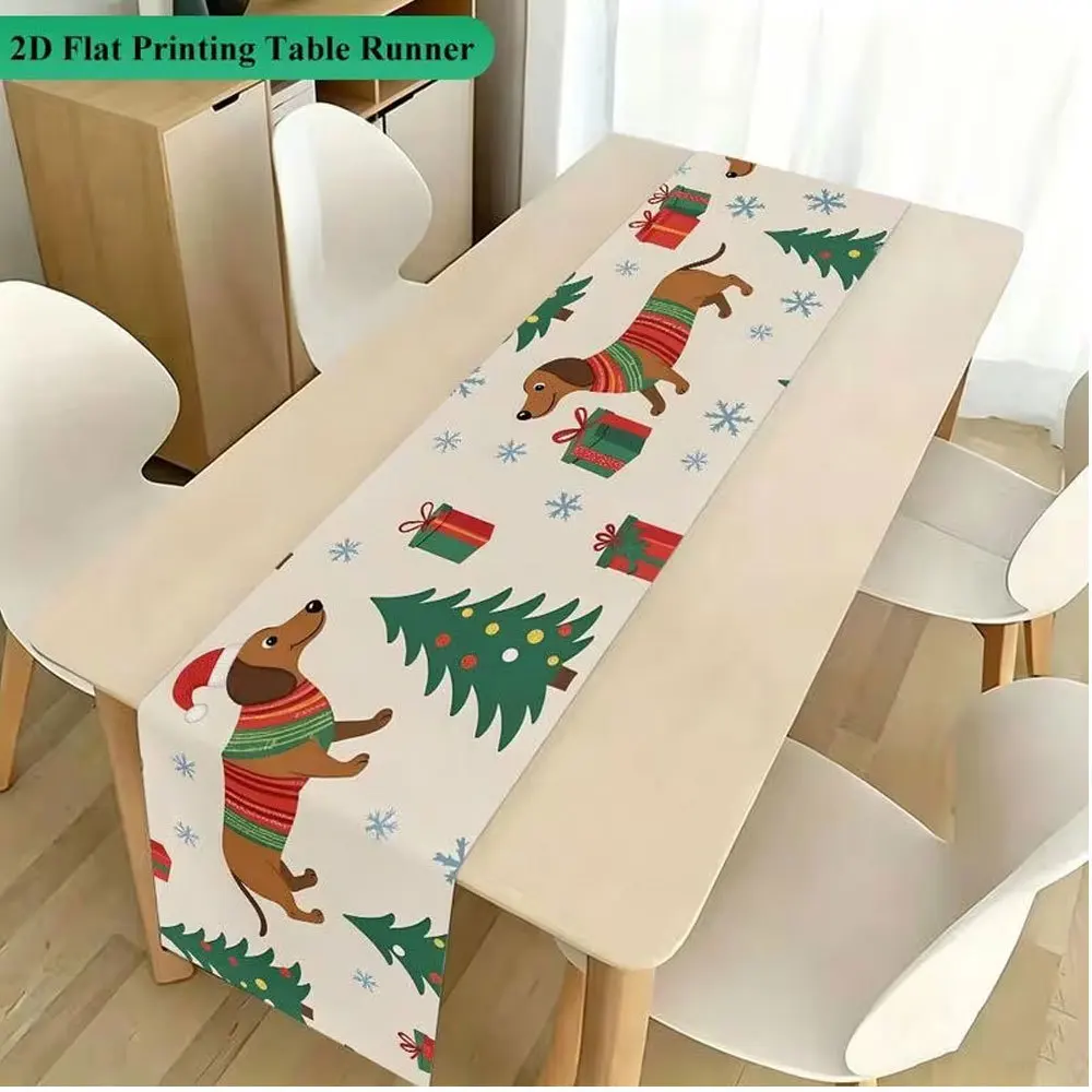 Linen Table Runner Laughing Santa Claus Holding Gift on Red Gold Lettering  Christmas Dinner