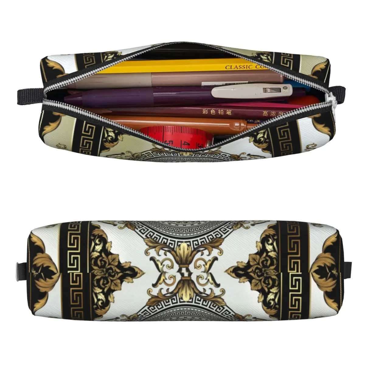 Ornate Baroque Cream Gold Black Greek Key Pencil Case Cute Pen Box Bags Student Big Capacity School Supplies Gifts Pencilcases