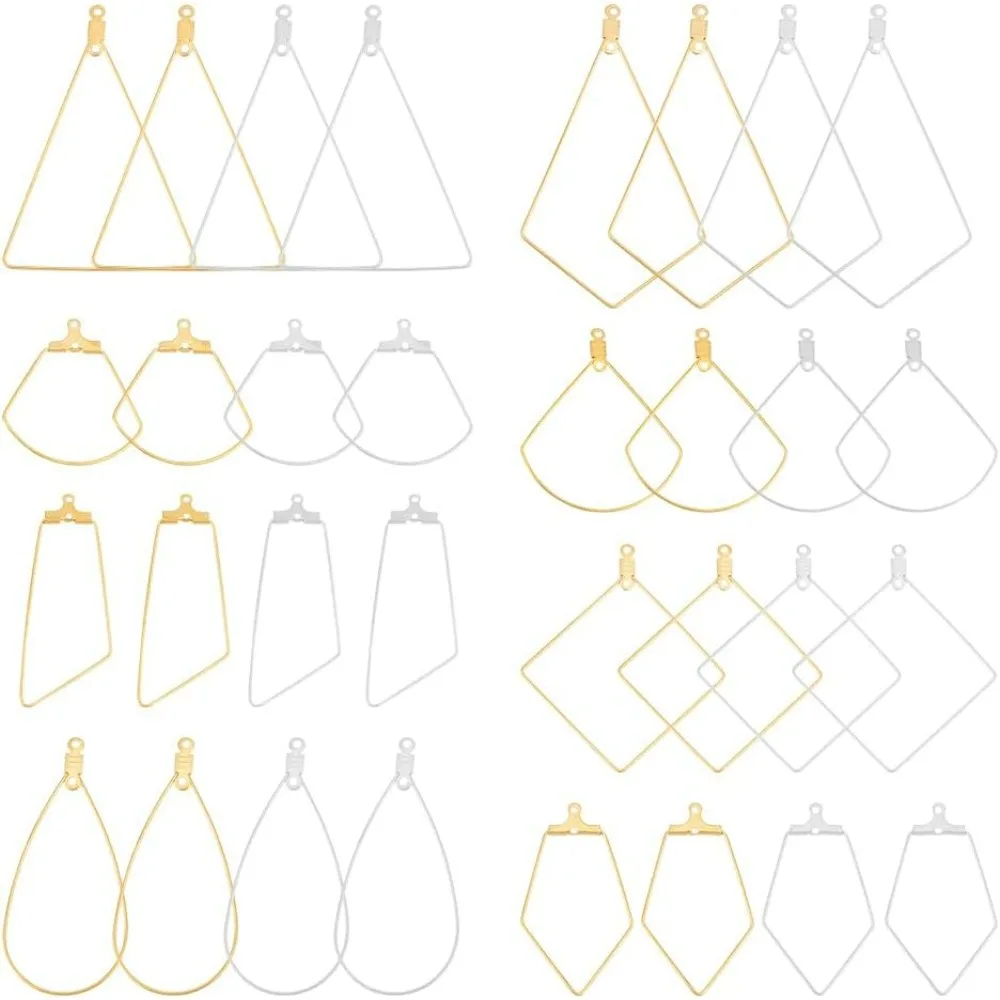 About 32Pcs 8 Style 2 Colors Stainless Steel Hoop Earring Findings Teardrop Fan Rhombus Triangle Wire Hooks Pendants Geometric