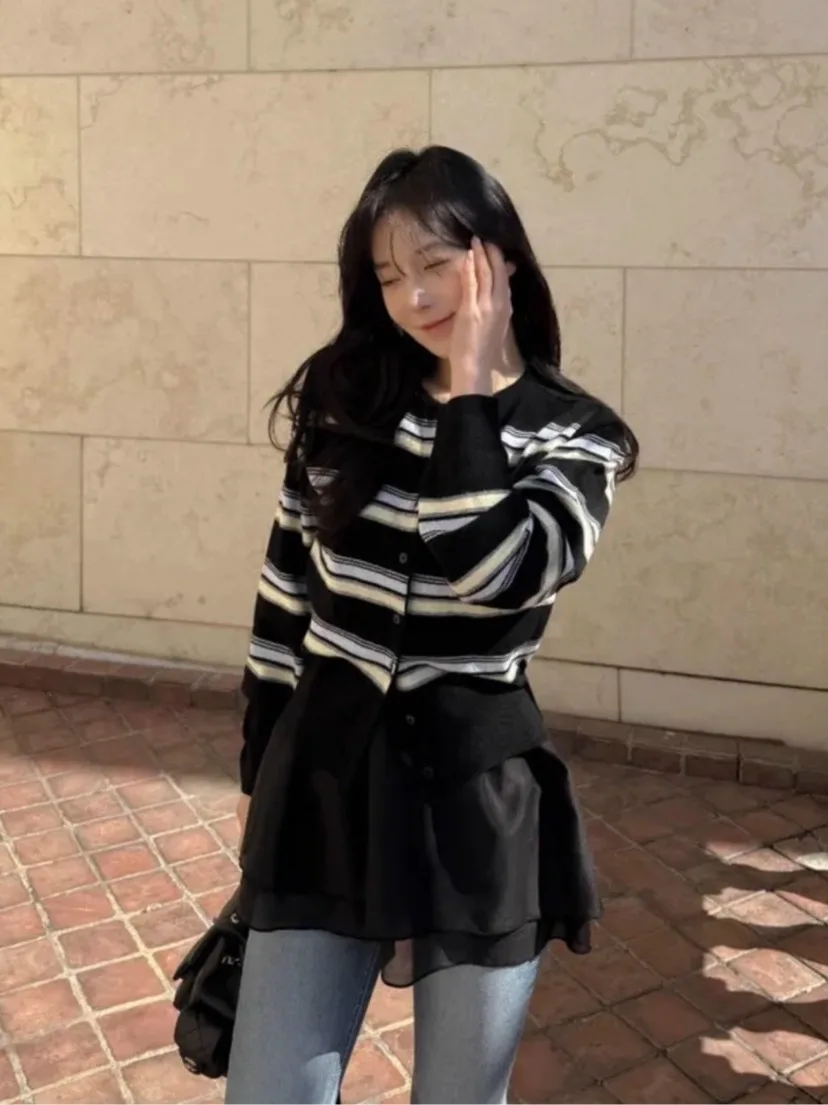 Cardigan tricoté à rayures amincissantes pour femme, décontracté, basique, bouton unique, coupe ample, Long, rond, Ne Open, irt, nouvelle collection automne