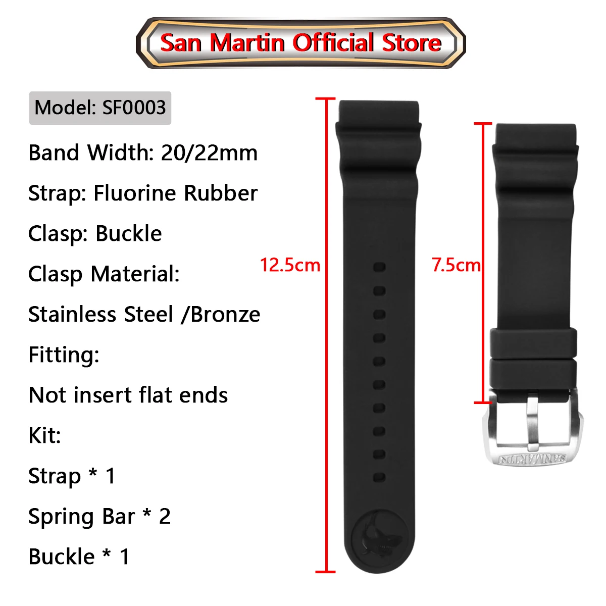 San Martin Watch Parts Fluorine Rubber Strap Waterproof 20-22mm Shark Marking High Flexibility TUNA 003 Watch Accessories