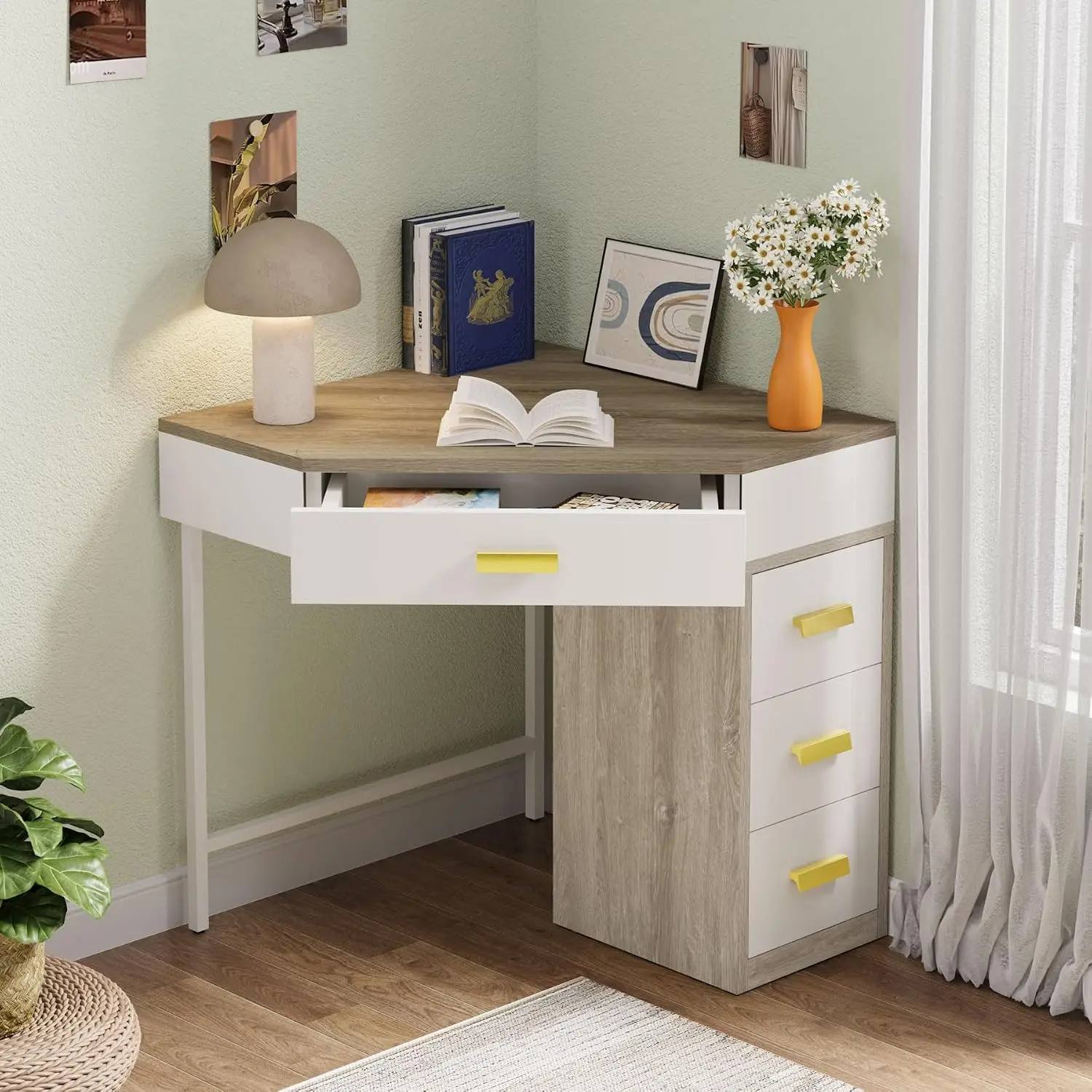 Triangle Corner Desk with 3 Drawers, 90-Degree Writing PC Table with Storage for Home Office Living Room Bedroom, Customized