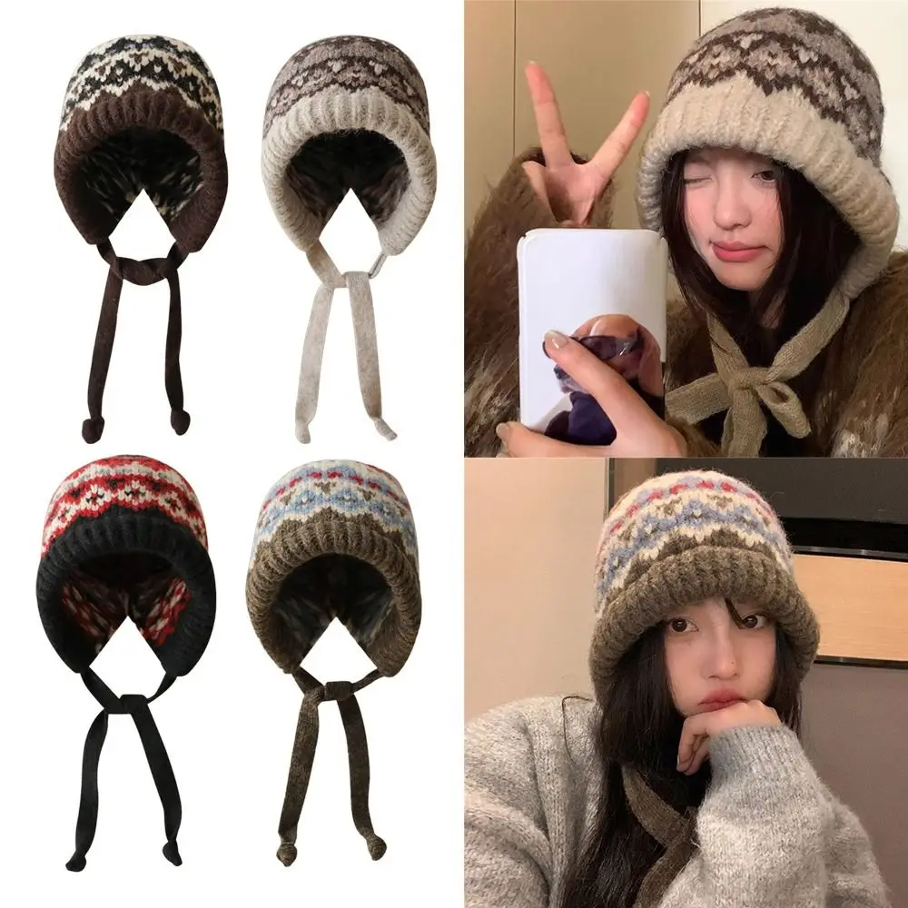 Fashion With Strap Jacquard Knitting Hat Ear Protection Warm Pullover Bonnets Lace up Wind-Resistant Beanies Cap