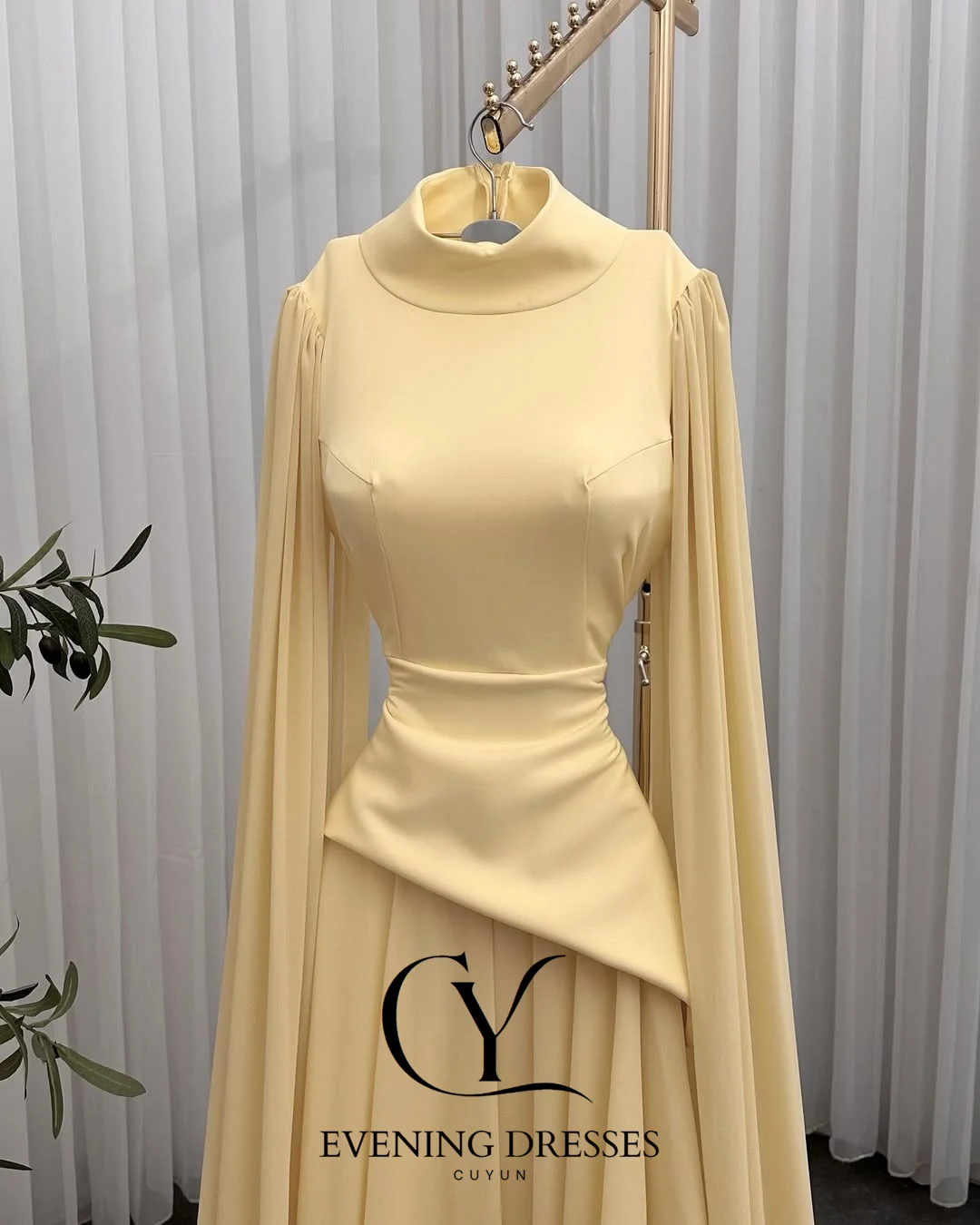 CUYUN Cream Yellow Evening Dresses Women High Collar Cape Sleeves Prom Gown Customized Patchwork Elegant Party Dresses image 6